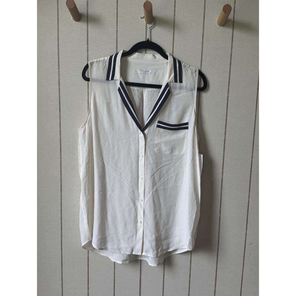 Equipment Femme Silk Sleeveless Blouse Kiera Nautical White Blue Large V Neck